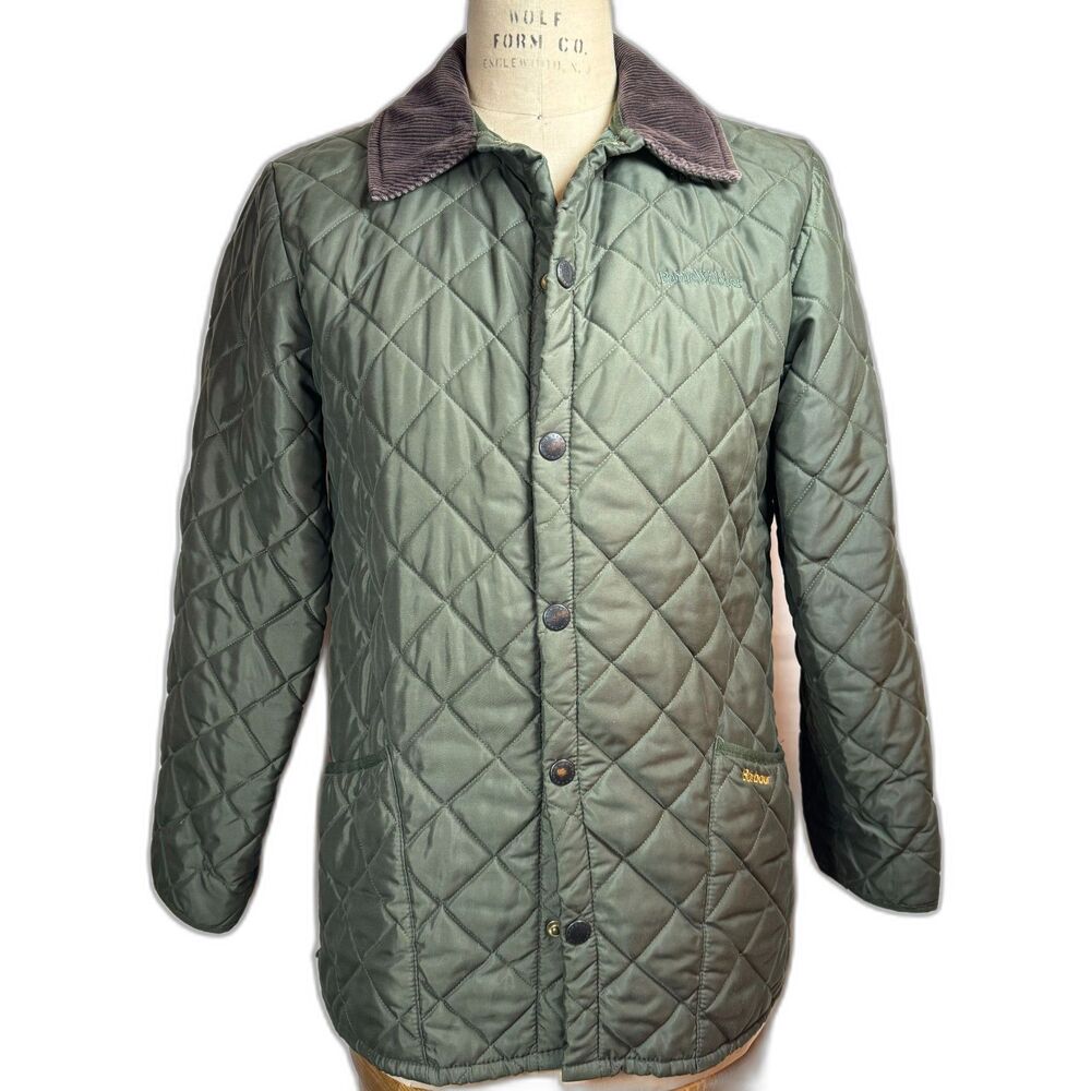 Barbour Eskdale Quilted Snap Jacket Mens Size S Green Corduroy Collar